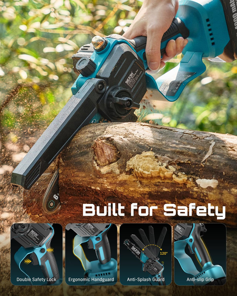 Seesii in-use pruning high branch from ground showing safe ladder-free cutting