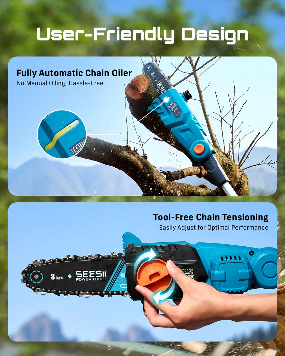Seesii in use trimming a high branch showing safe ground-level cutting benefit
