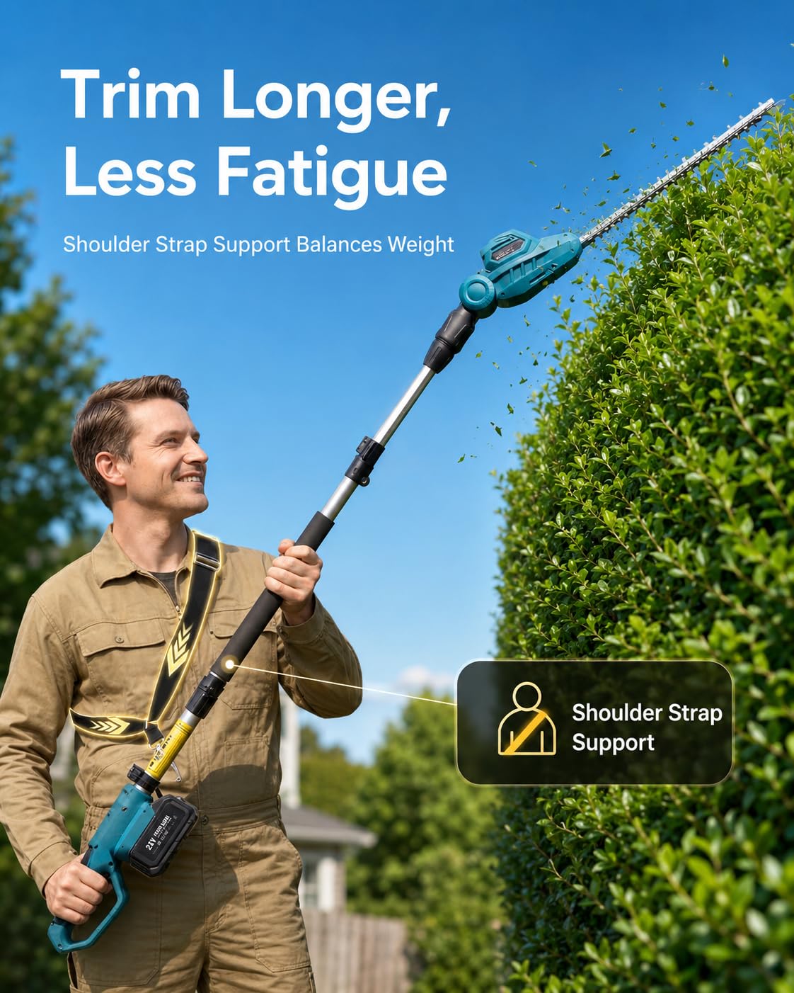 SEESII in use trimming a tall hedge showing ladder-free elevated cutting benefit