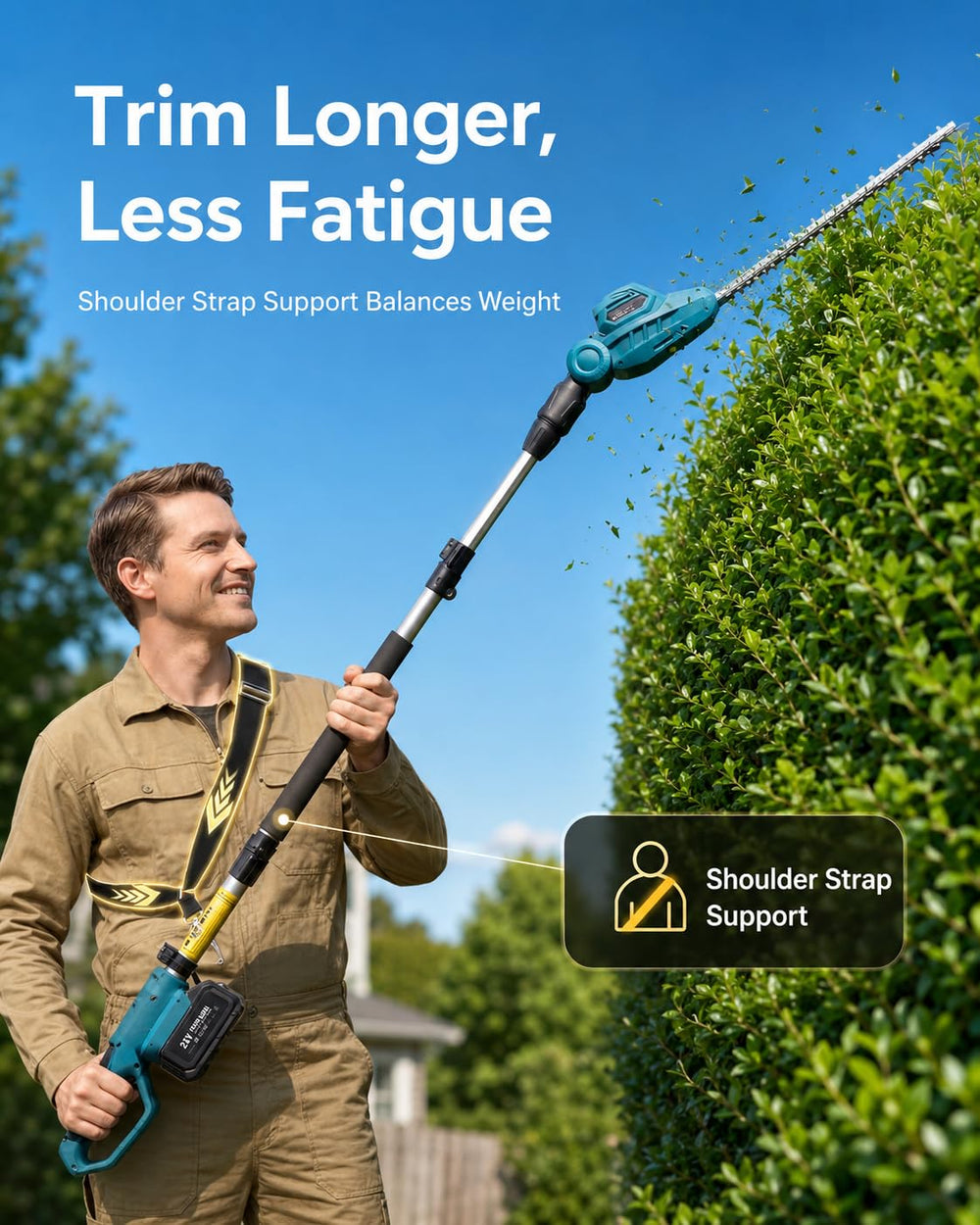 SEESII in use trimming a tall hedge showing ladder-free elevated cutting benefit