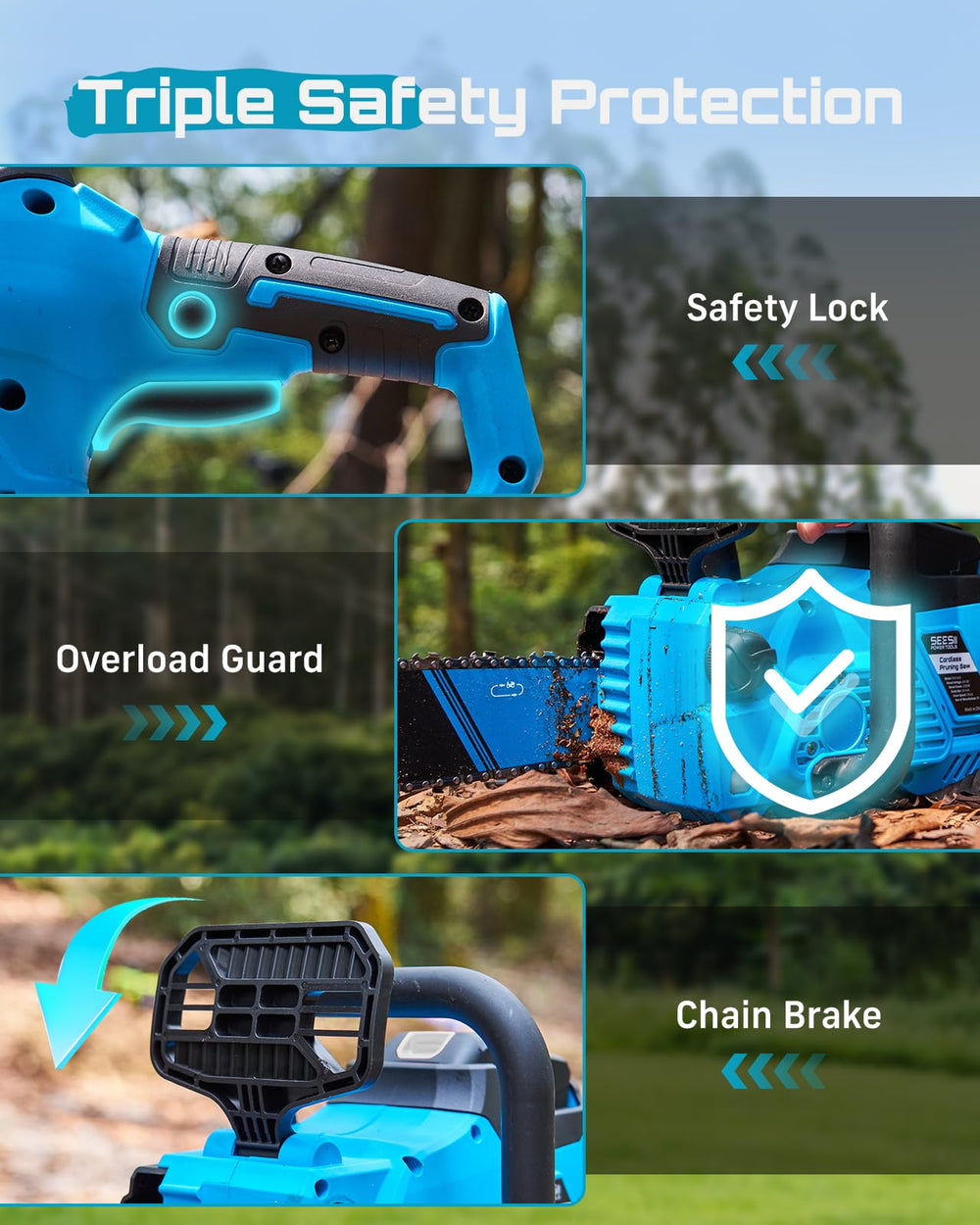 SEESII chainsaw cutting a limb in yard showing efficient cleanup