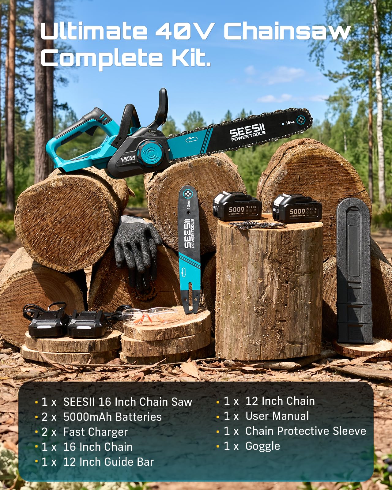 SEESII kit accessories laid out including spare chain, goggles and protective sleeve