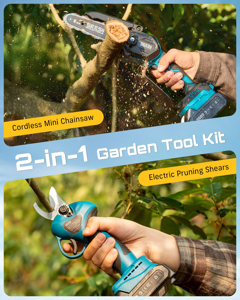 Seesii mini chainsaw front view showing compact bar, easy handling benefit
