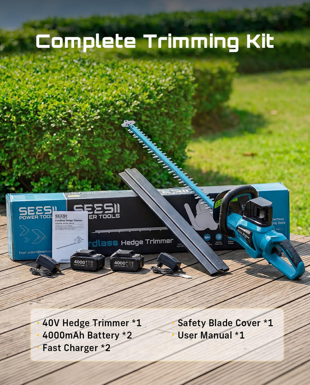SEESII full package layout with trimmer, batteries, chargers, and cover