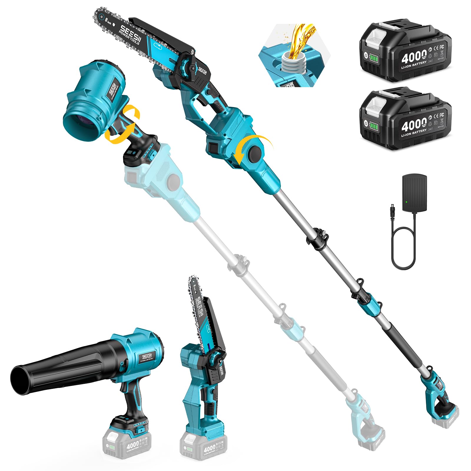 SEESII pole chainsaw front view showing ergonomic grip and compact bar for safer cuts