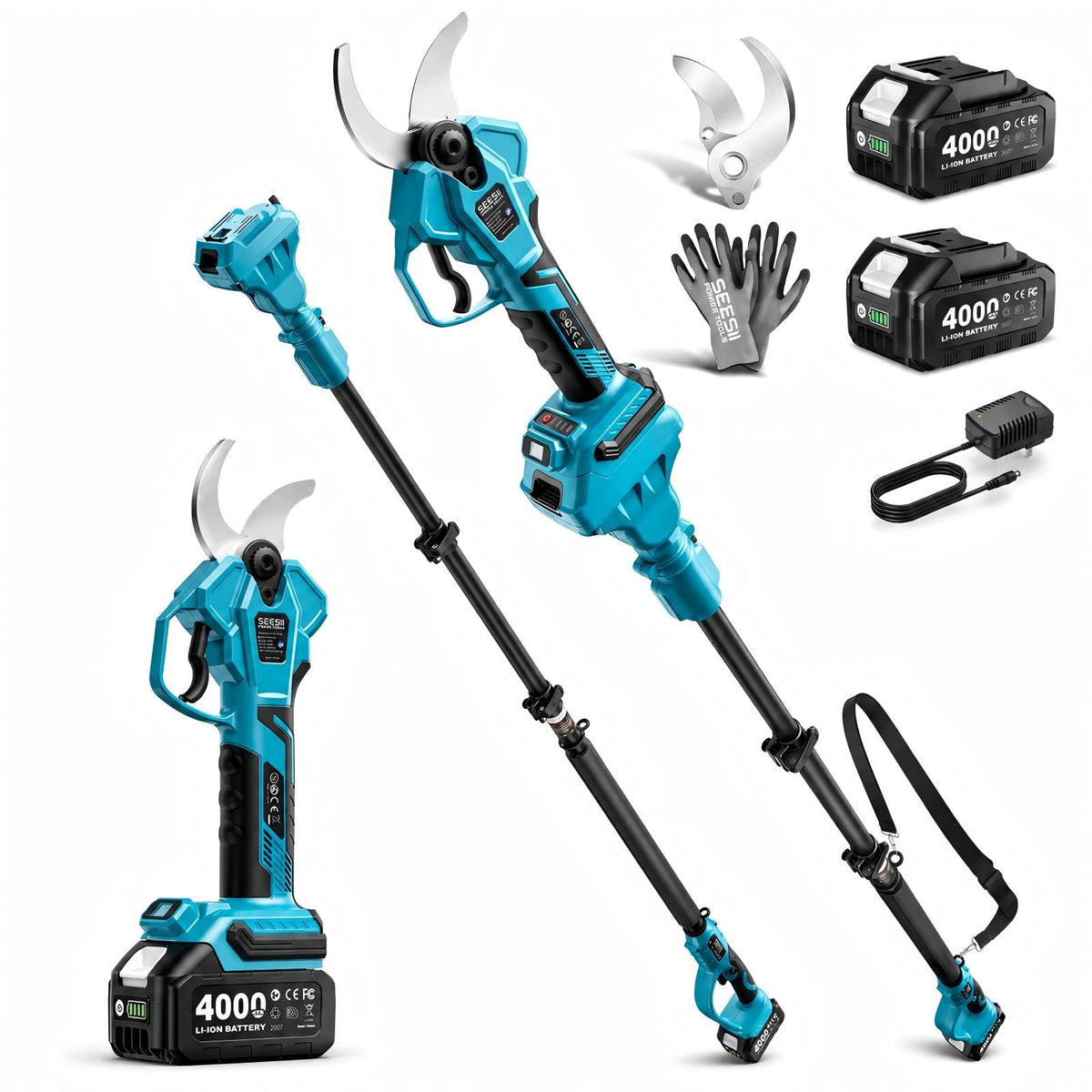 SEESII pole pruner front view showing full tool and benefits