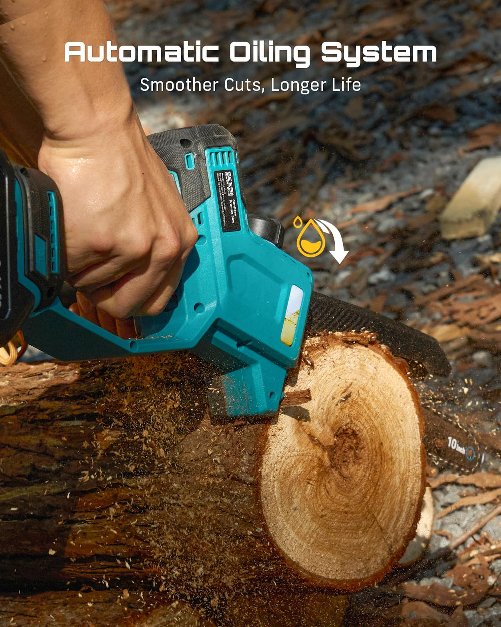 SEESII pole saw trimming a high limb from ground for ladder-free reach