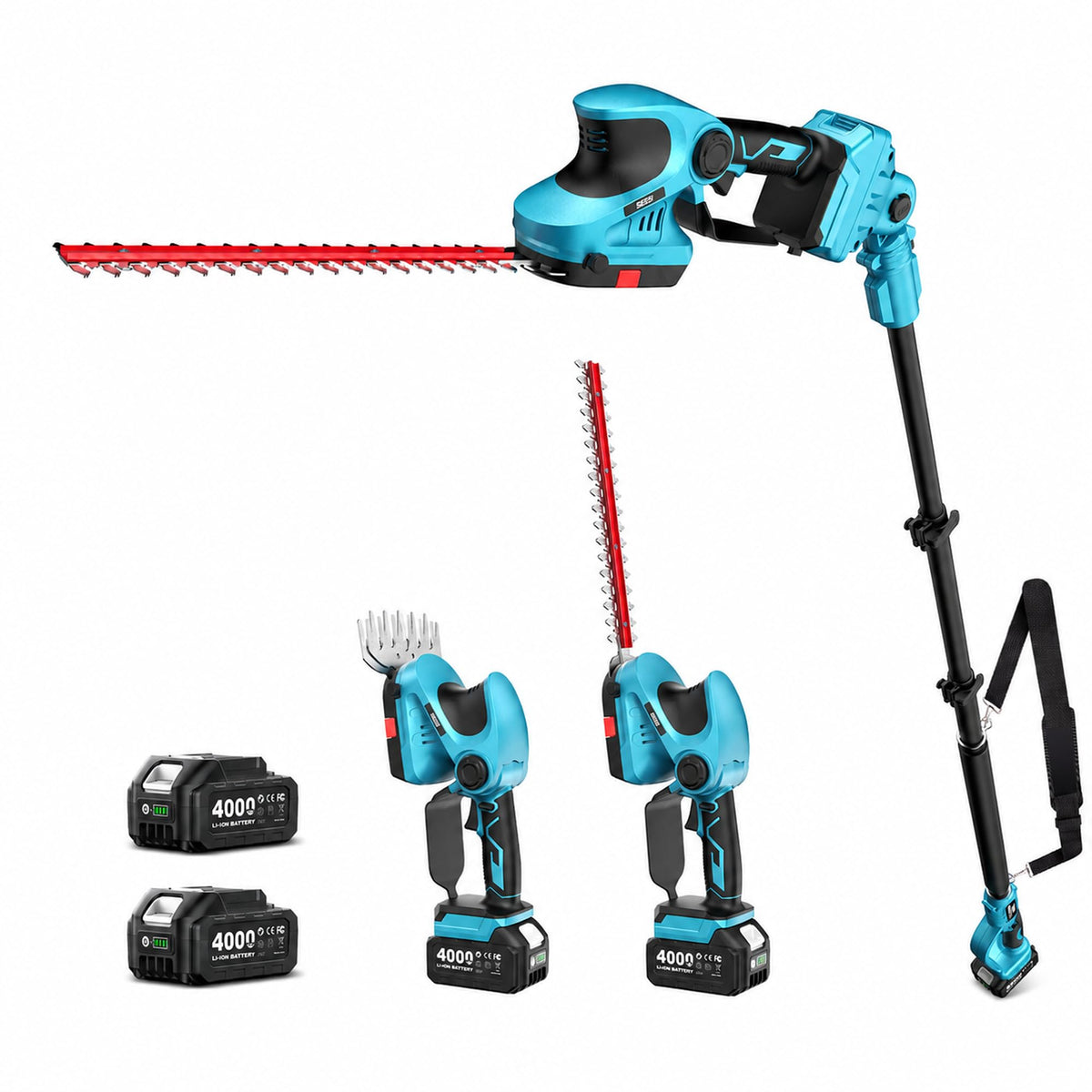 Seesii cordless pole trimmer front view showing tool and benefits