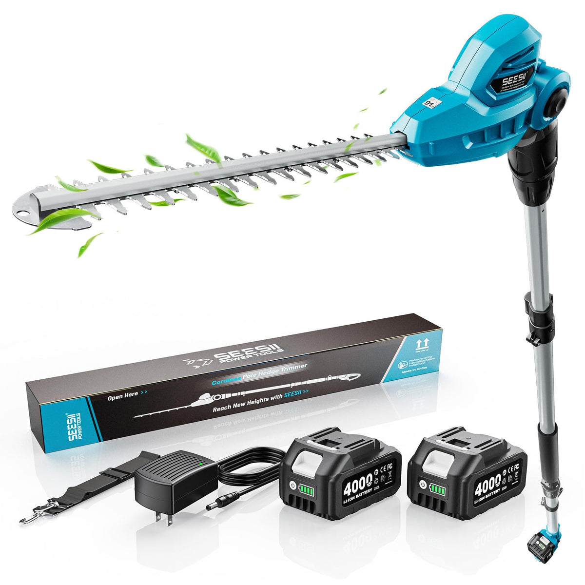 SEESII pole trimmer front view showing controls and balanced reach benefit