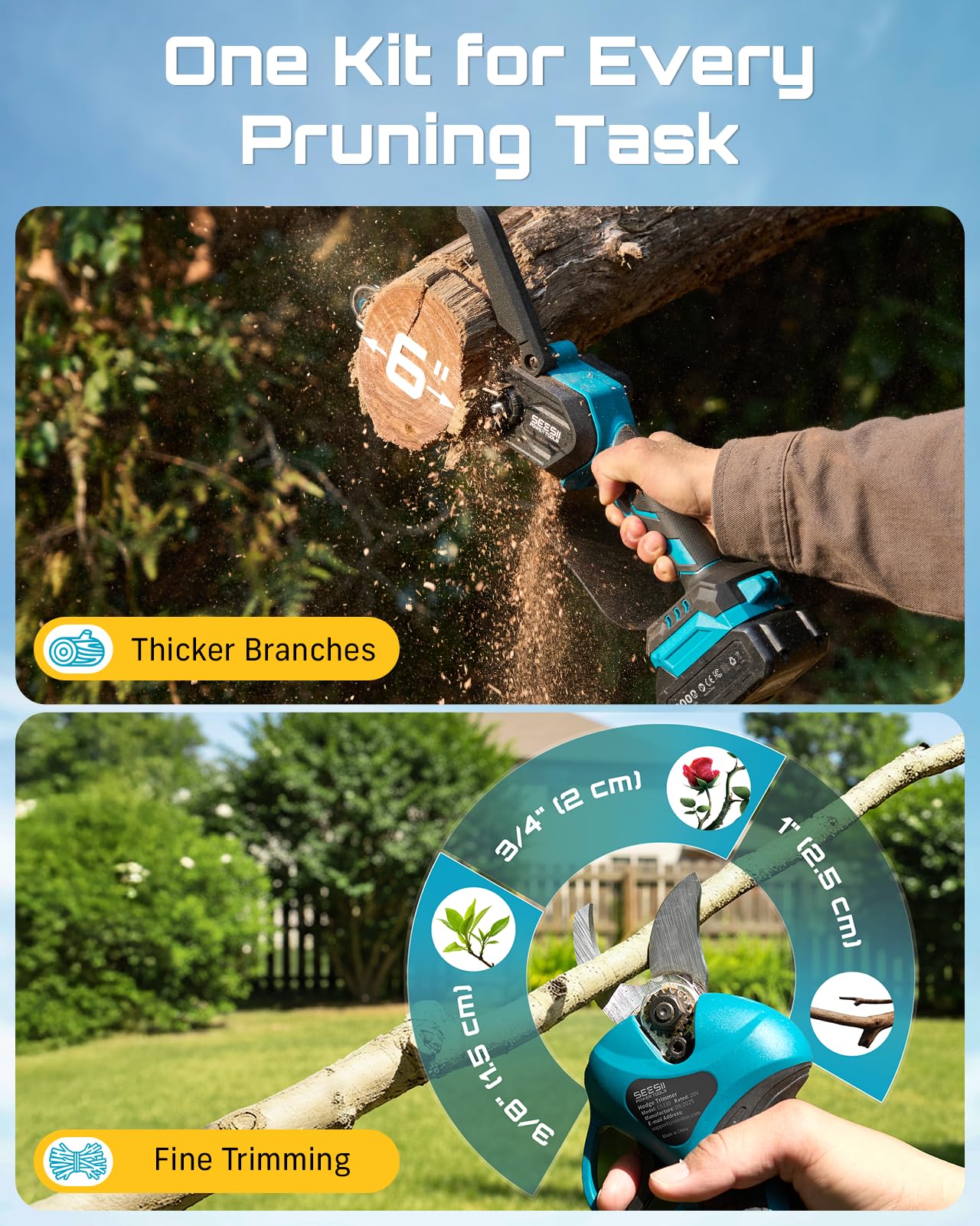 Seesii pruning shears front view showing ergonomic handle, comfortable grip benefit