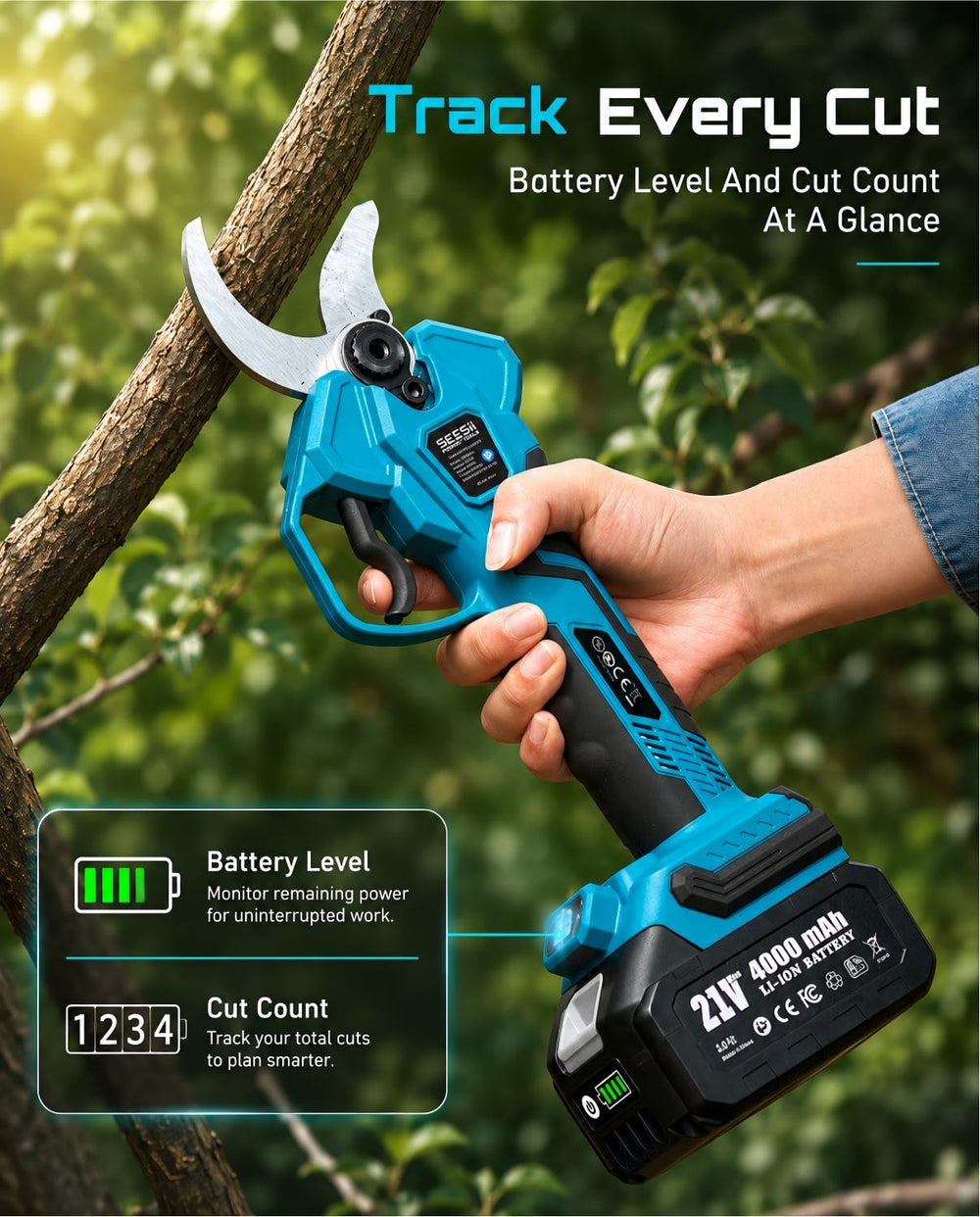Seesii pruner next to hand for scale showing lightweight ergonomic handling benefit