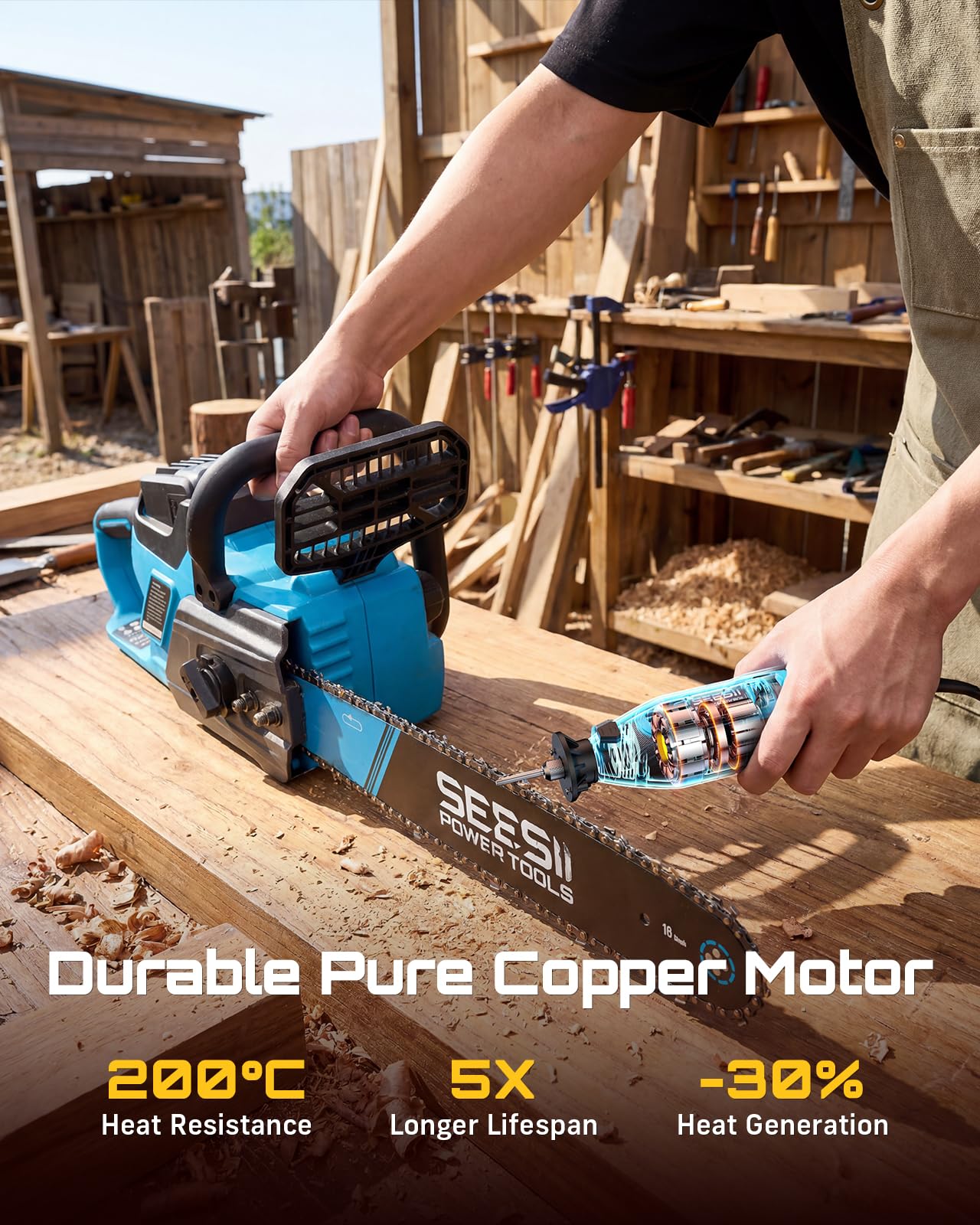 SEESII sharpener in use on a chainsaw chain improving cutting performance