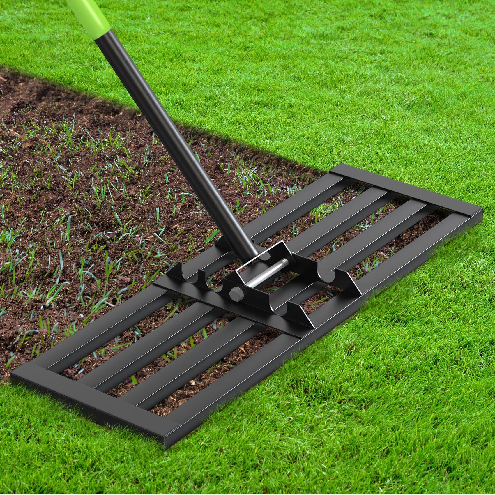 Seeutek front view of 30 inch rake showing full blade for efficient leveling