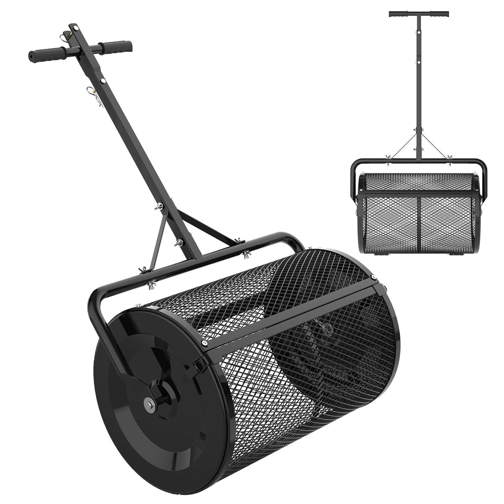 Seeutek front view of full spreader showing sturdy steel frame and drum for durable spreading