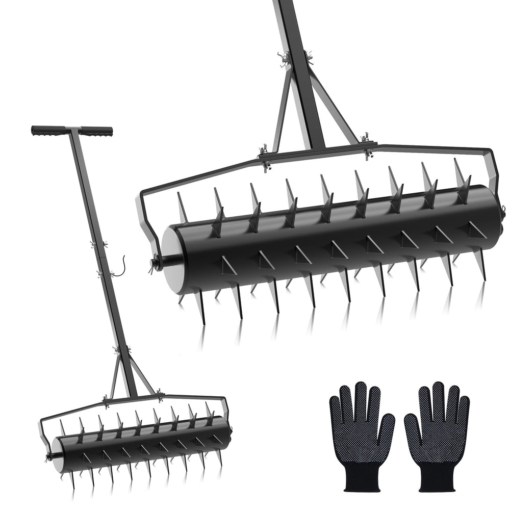 Seeutek front roller view showing spikes and width for faster aeration