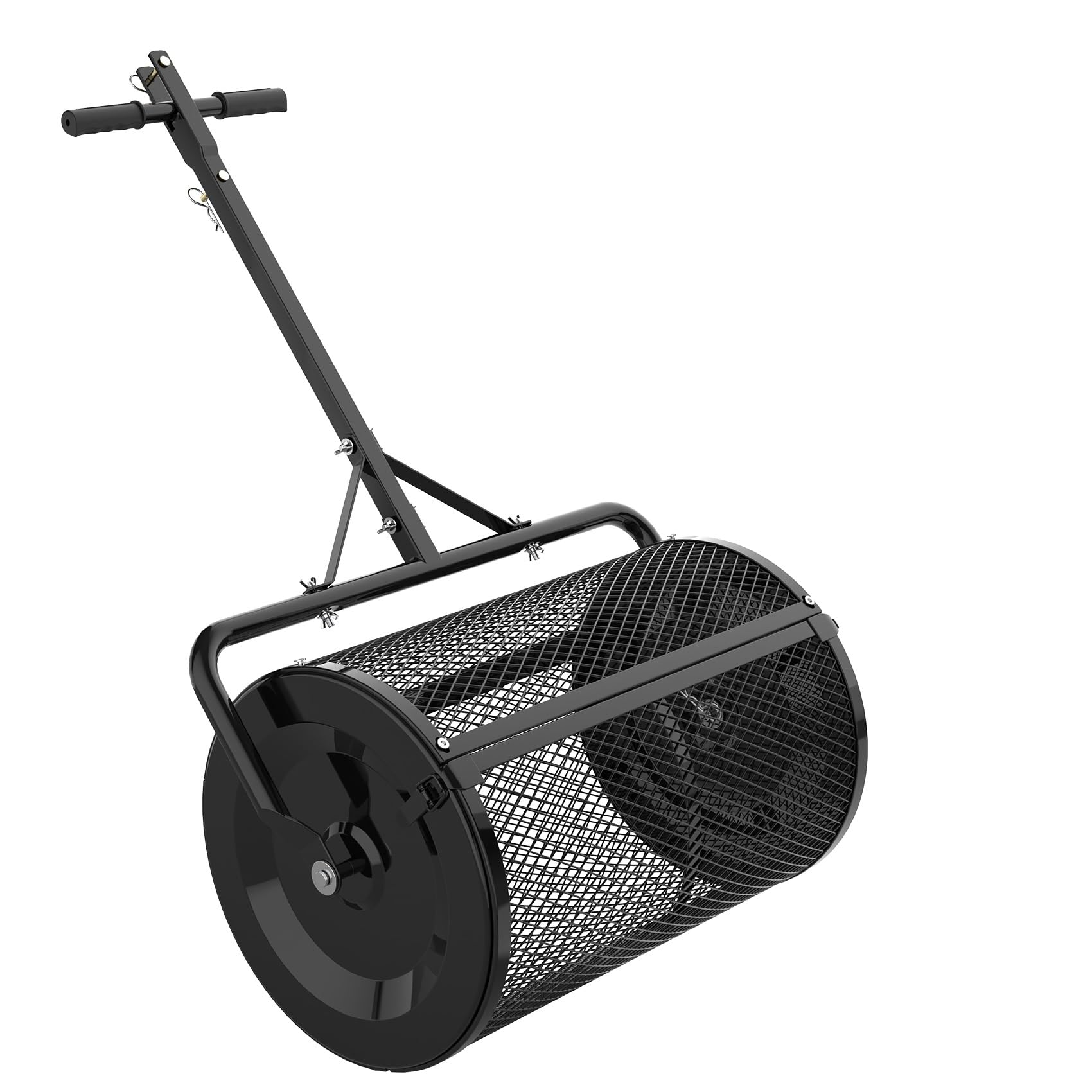Seeutek front view of spreader showing sturdy frame and wide hopper, fast coverage