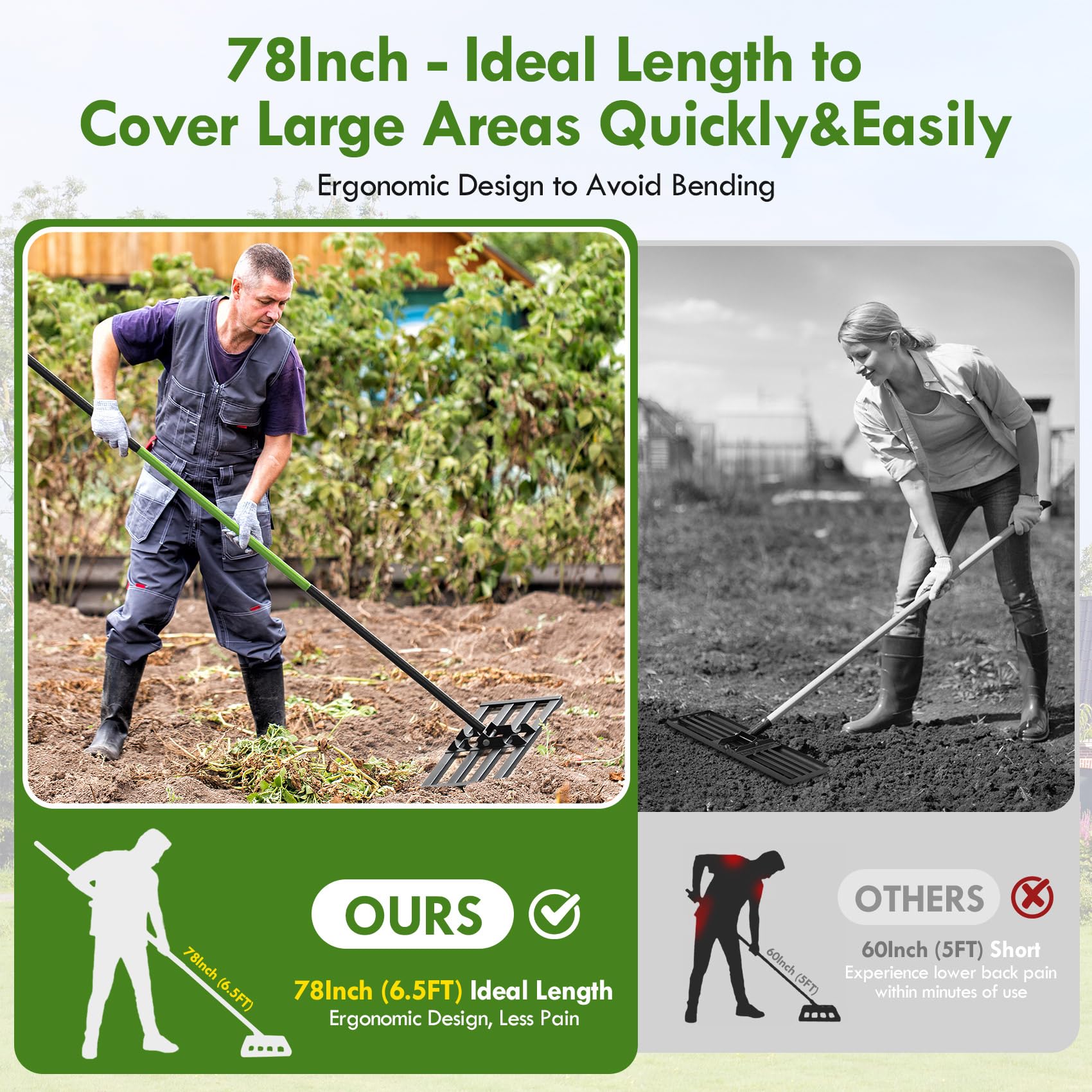 Seeutek rake leveling topsoil on lawn demonstrating even spread and time savings