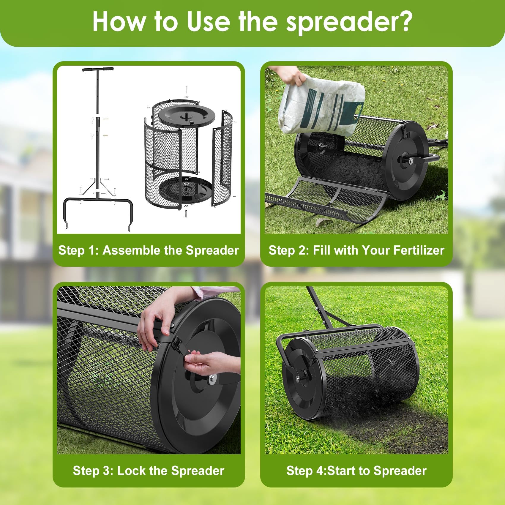 Seeutek spreader in use on lawn covering a yard quickly and efficiently