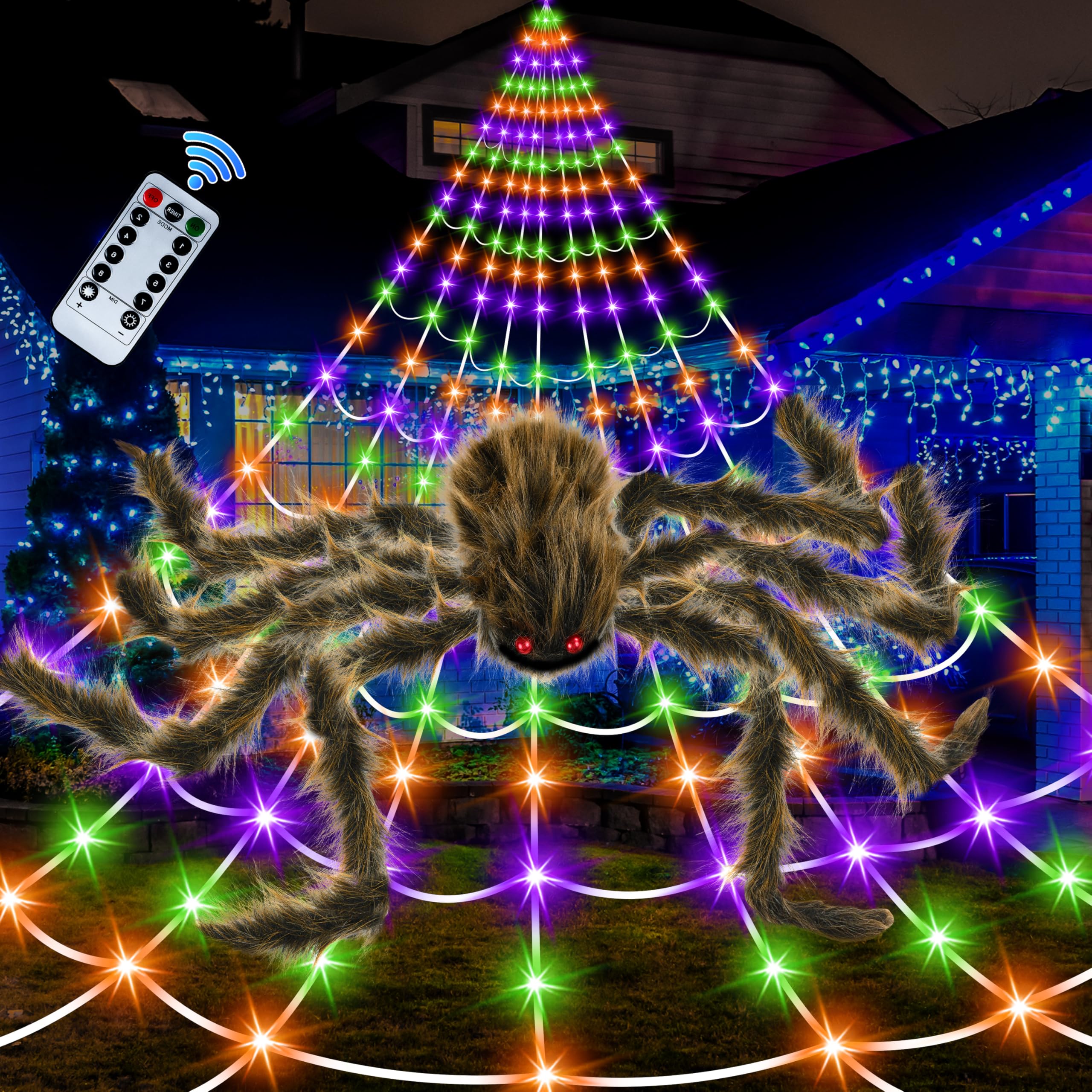 Seifar front view of illuminated spider web creating dramatic yard curb appeal