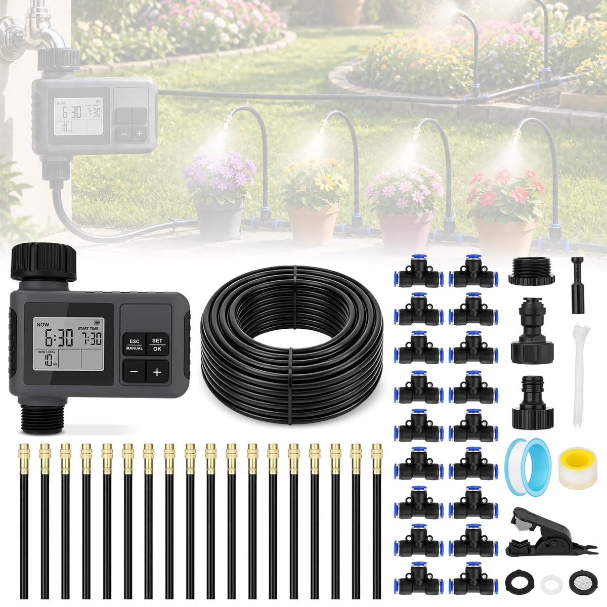 Sejaede front packaging of 66FT drip irrigation kit showing complete contents and quick setup benefit