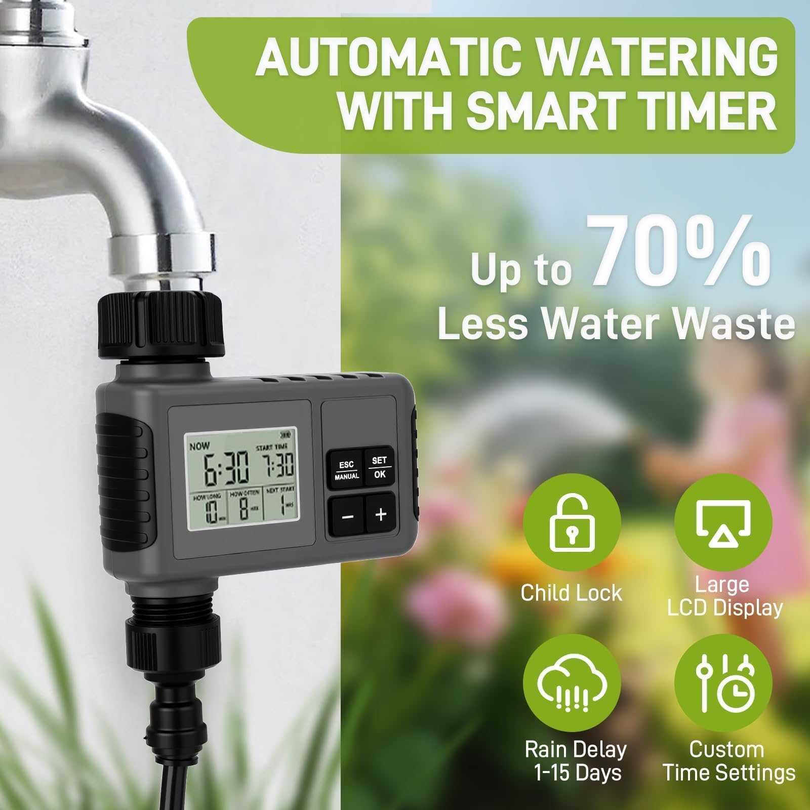 Sejaede water timer close-up showing clear controls and easy scheduling for automated watering