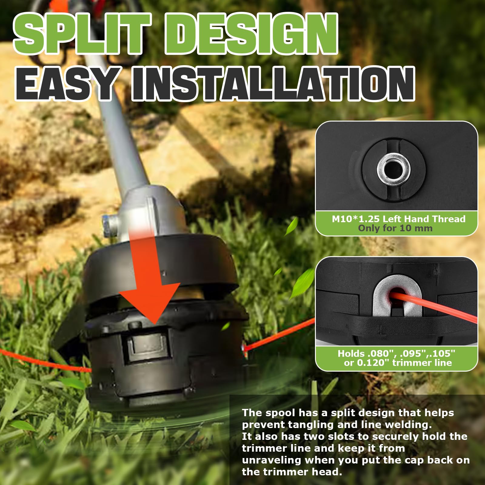 Sejaede trimmer head installed on straight shaft trimmer showing ready-to-use benefit