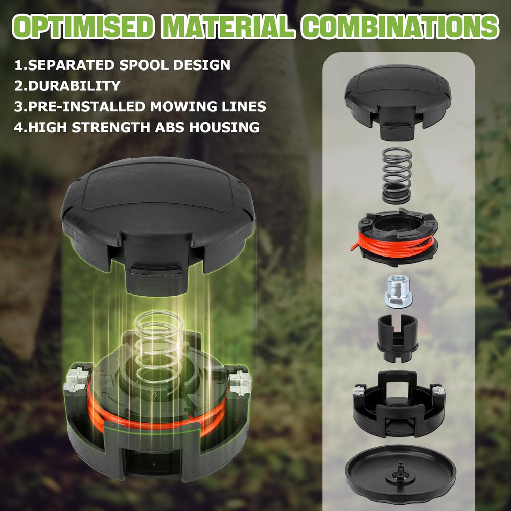 Sejaede trimmer head with 0.080-0.120 inch line samples showing versatile cutting benefit