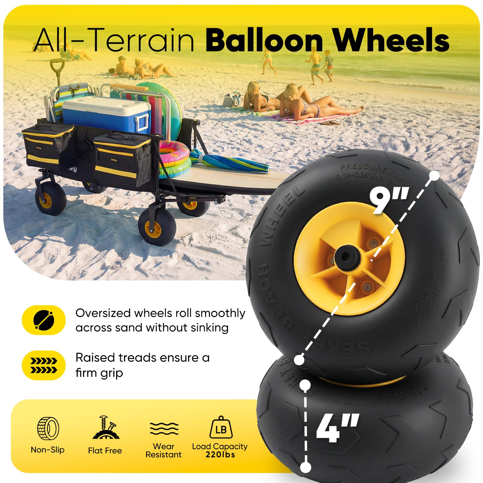 Sekey 9-inch sand-proof wheel close-up demonstrating deep tread for traction