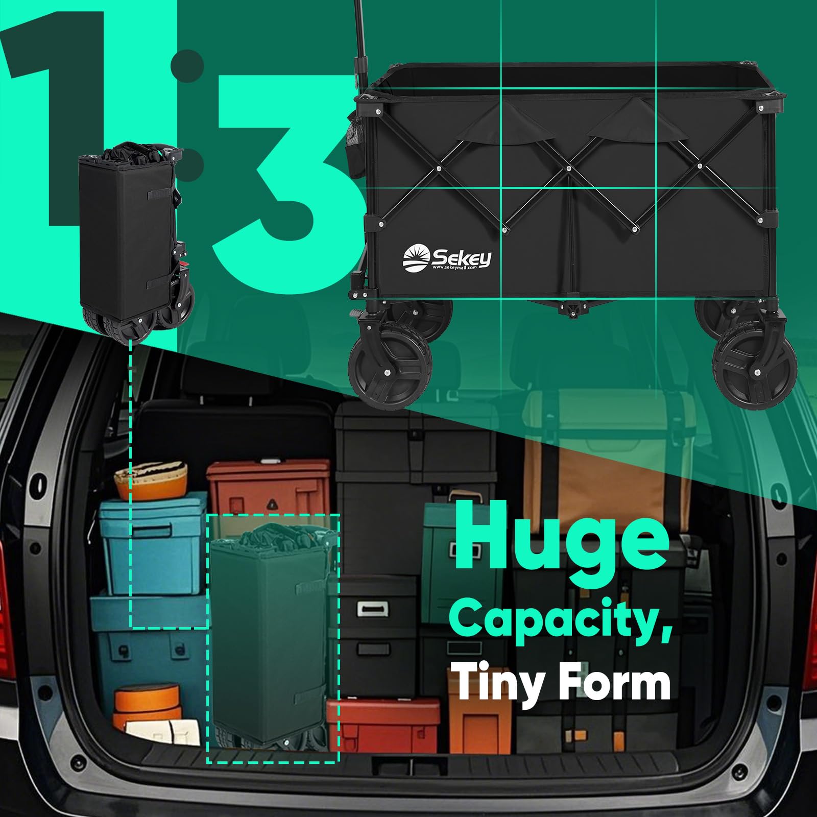 Sekey cargo filled with cooler and beach gear showing roomy interior