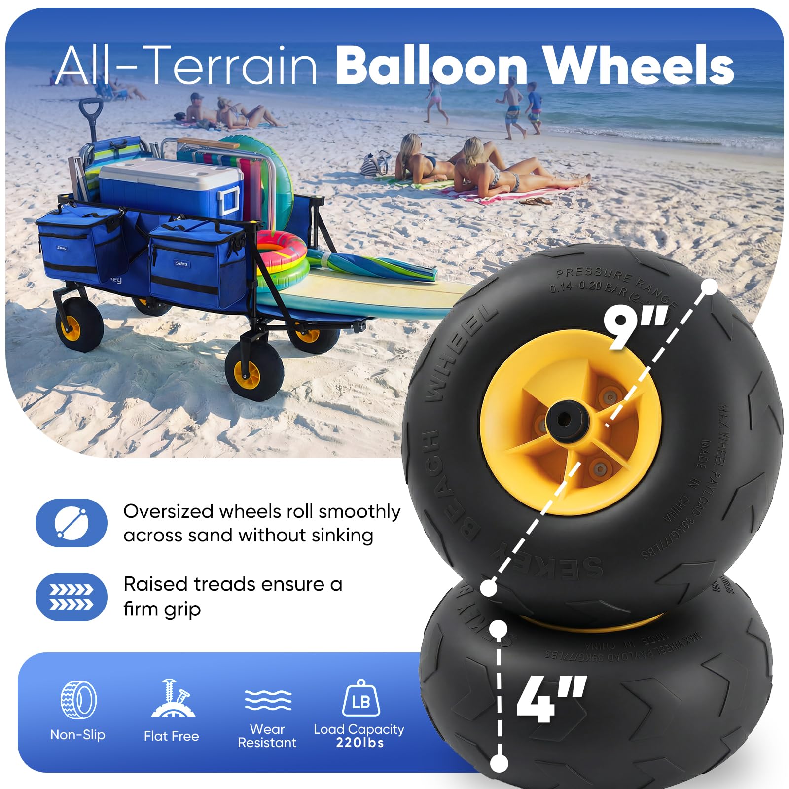 Sekey 9-inch sand-proof balloon tire close-up for better traction on sand