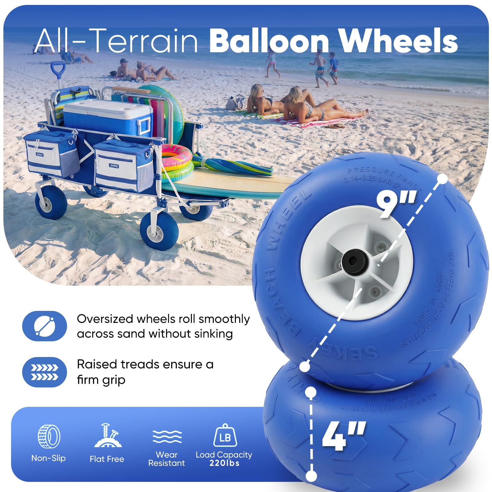 Sekey tire close-up showing 9-inch balloon wheel benefit: floats on sand easily