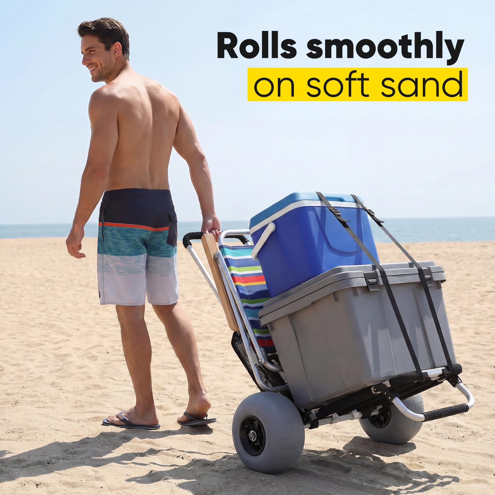 Sekey closeup of 12-inch balloon tire improving glide over sand and soft ground