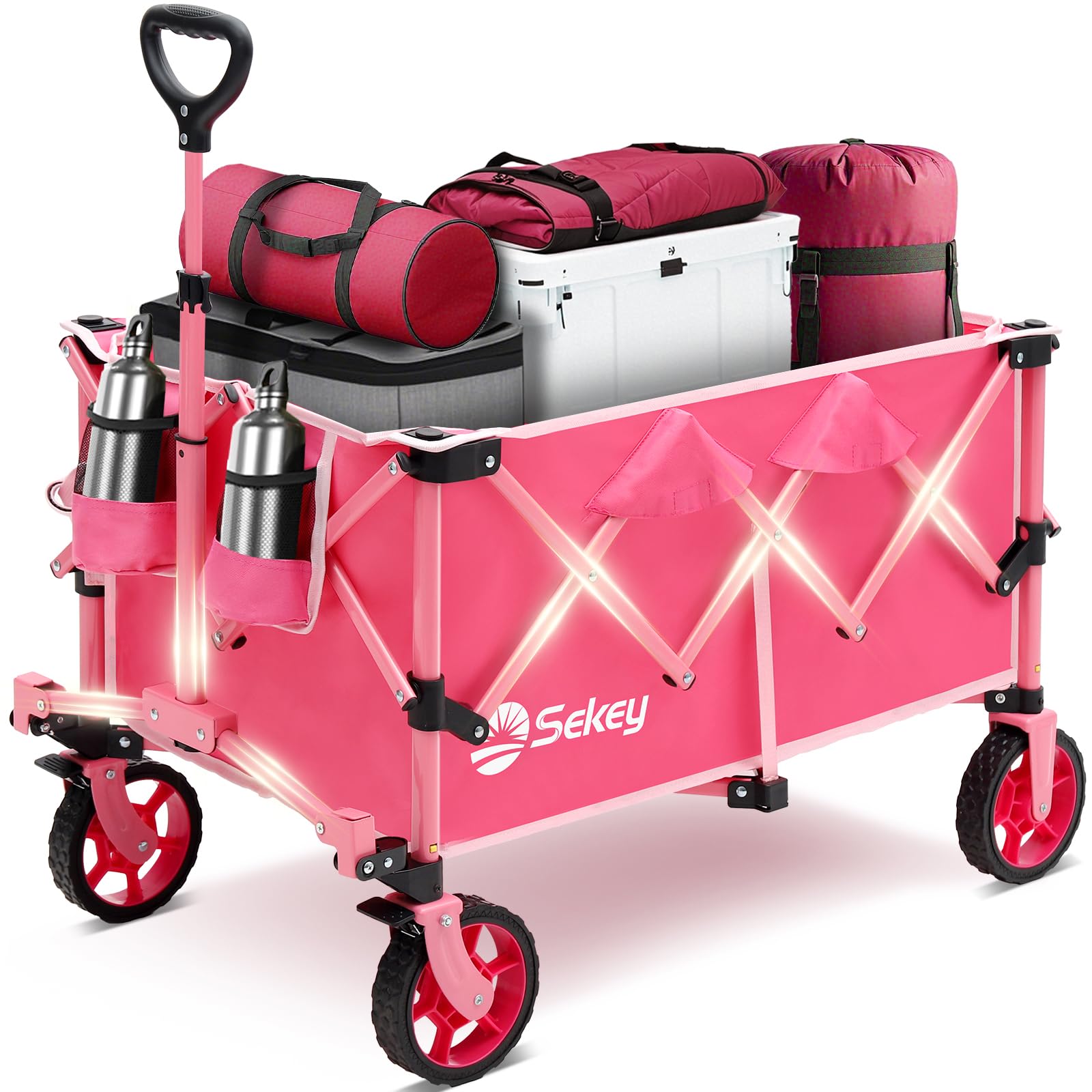 Sekey front view of pink wagon showing roomy cargo and sturdy frame benefit portability