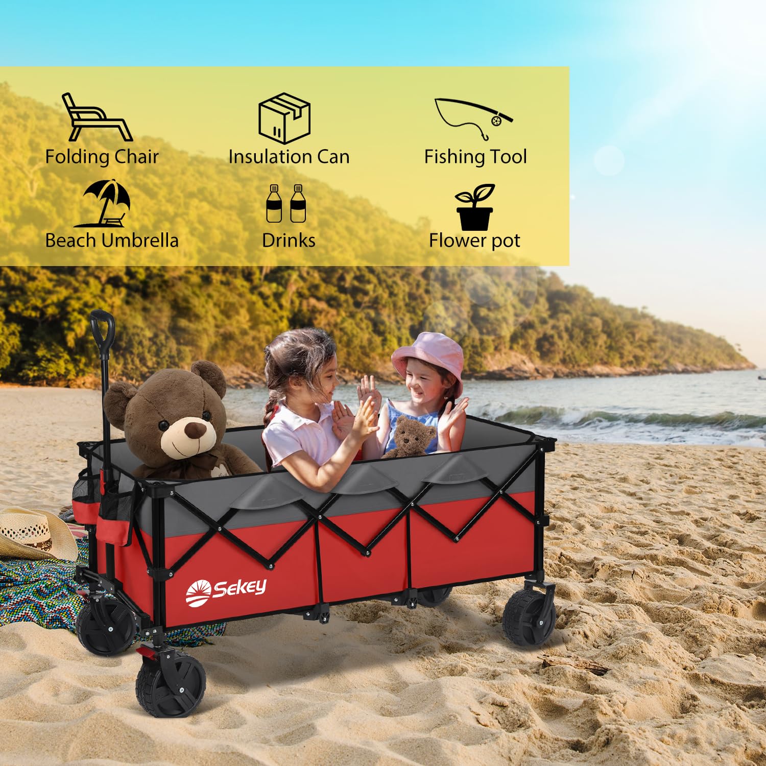 Sekey collapsed wagon next to car trunk showing compact storage benefit