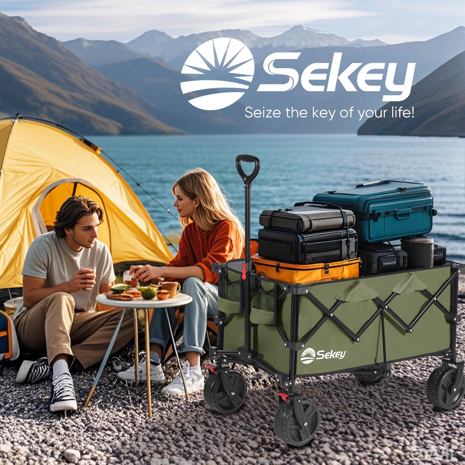 Sekey wagon on campsite illustrating easy transport of supplies and relaxed setup