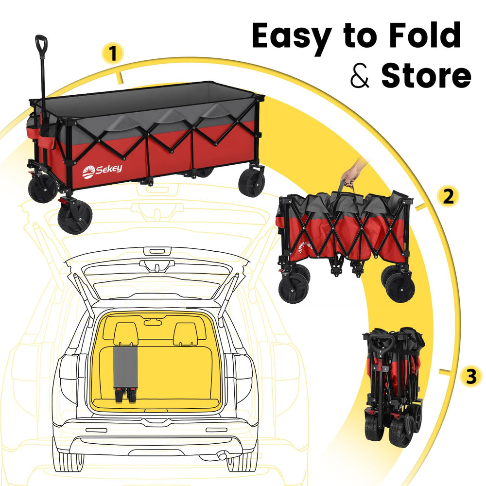 Sekey loaded wagon in garden hauling tools and supplies with stability