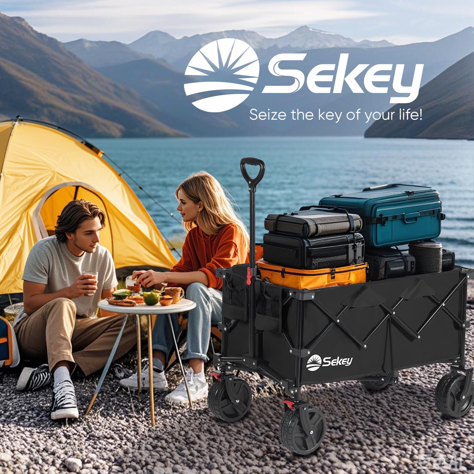Sekey wagon on sandy beach in use showing easy all-terrain rolling