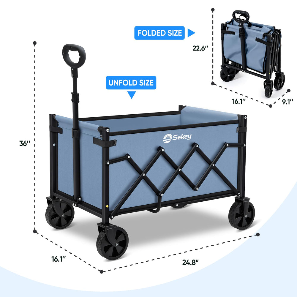 Sekey wagon next to person showing lightweight portability and scale