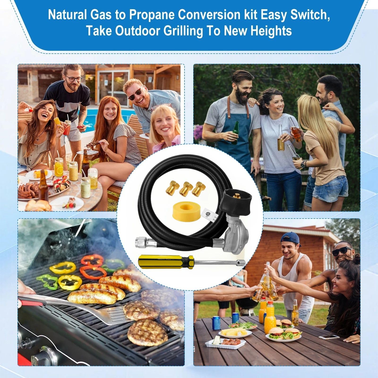 Sekvira kit in backyard lifestyle setting enabling portable propane grilling
