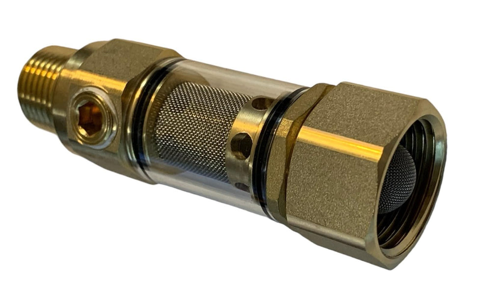 Sellerocity clear inlet filter front view showing connections and transparency for easy inspection