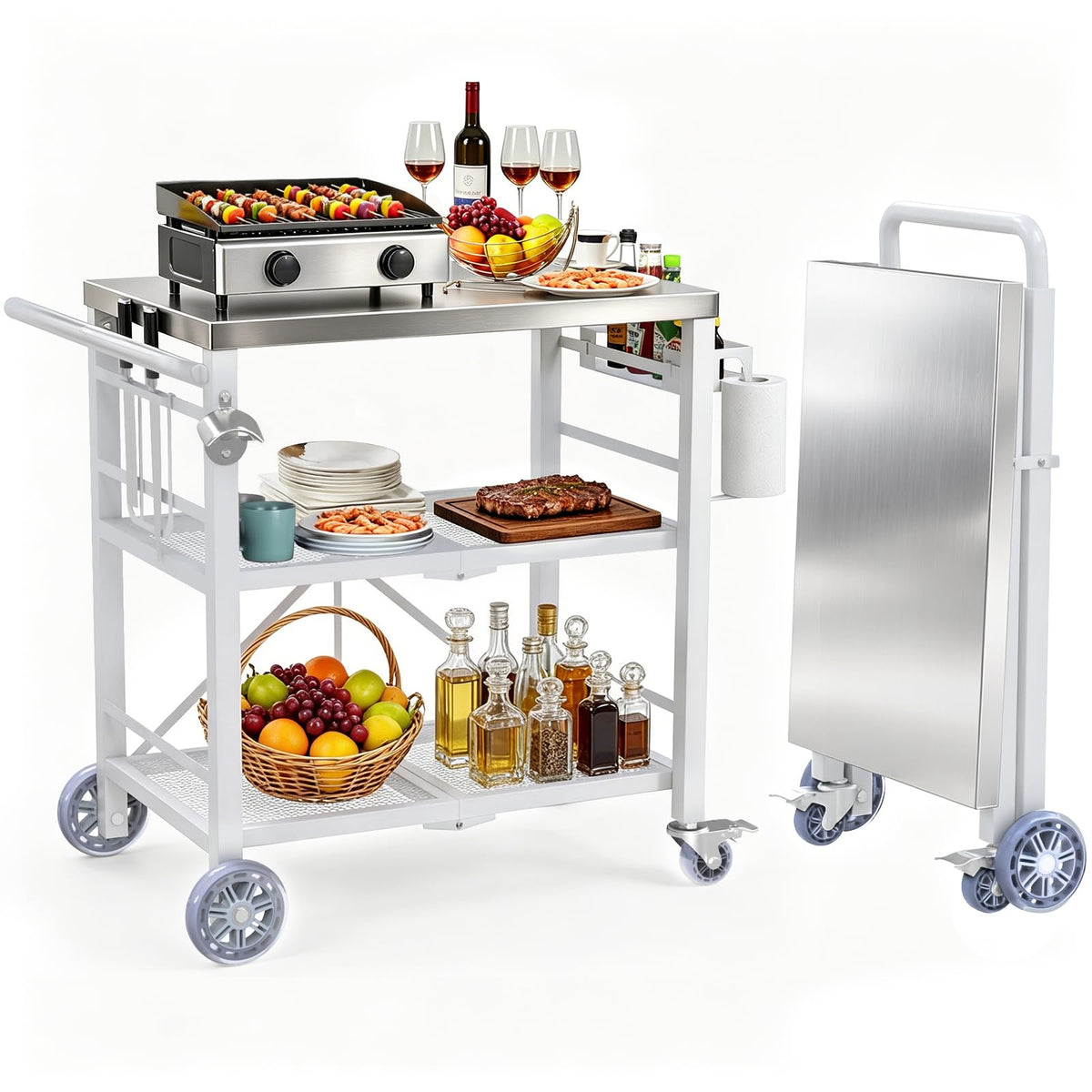 Semoprus front view grill table showing organized prep surface and storage benefit