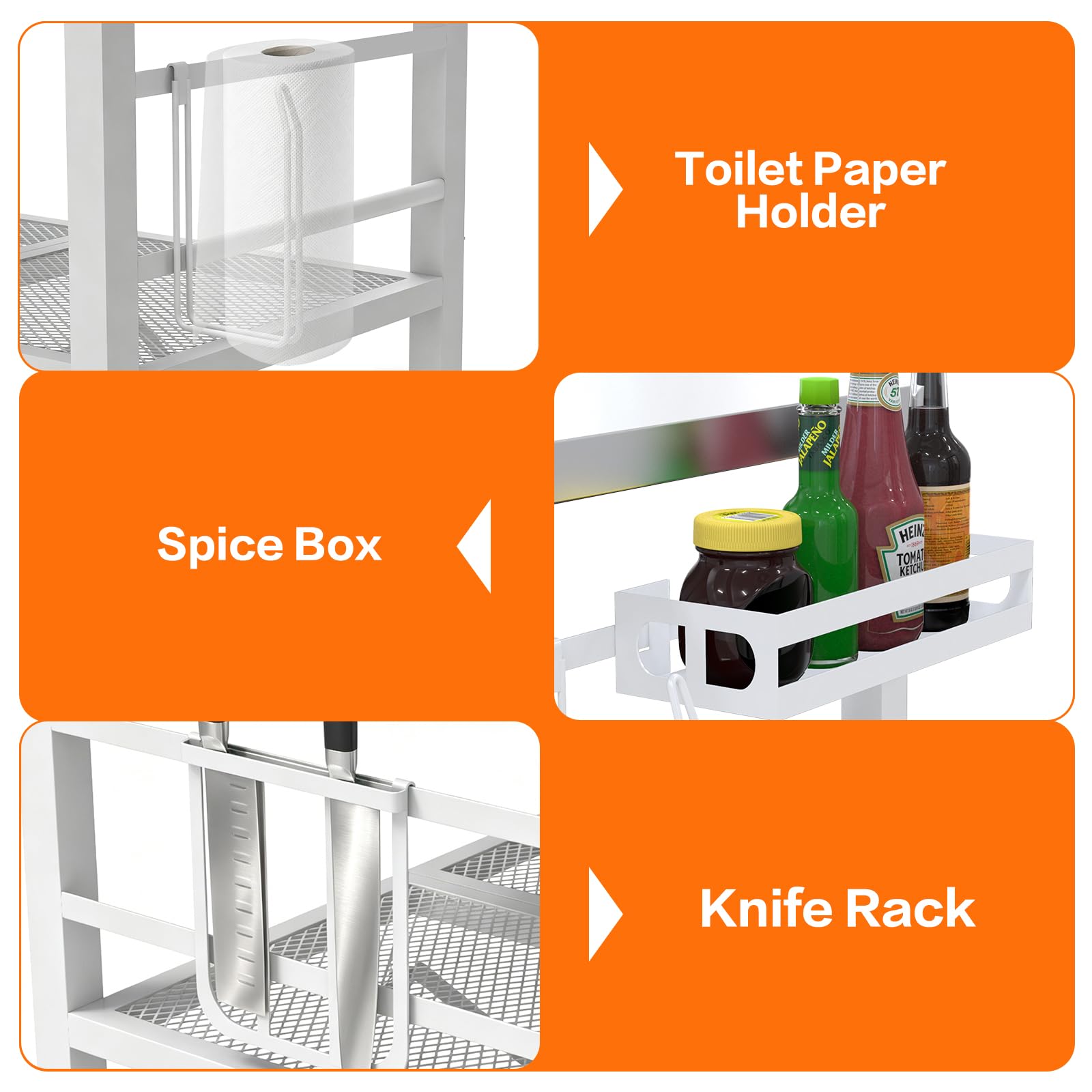 Semoprus storage racks and accessories displaying organized spice and tool access benefit