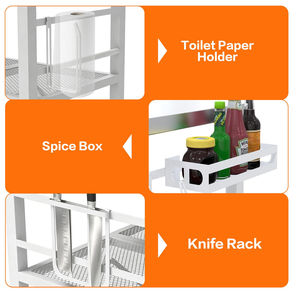 Semoprus storage racks and accessories displaying organized spice and tool access benefit