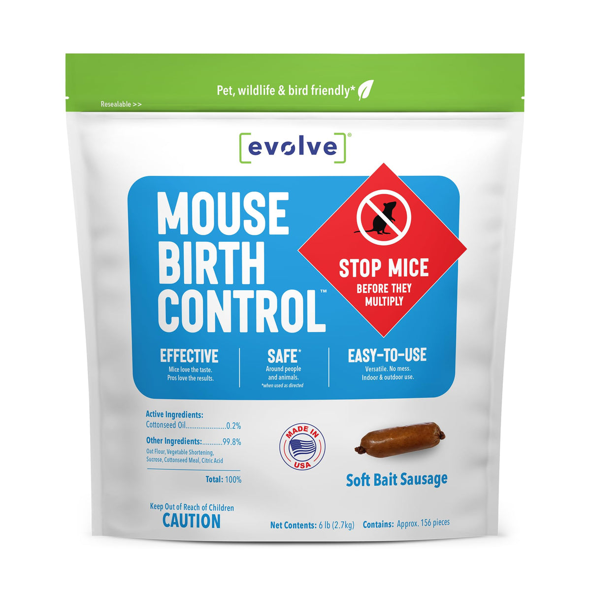 SenesTech EVOLVE front packaging showing 6 lb bulk, supports long-term control