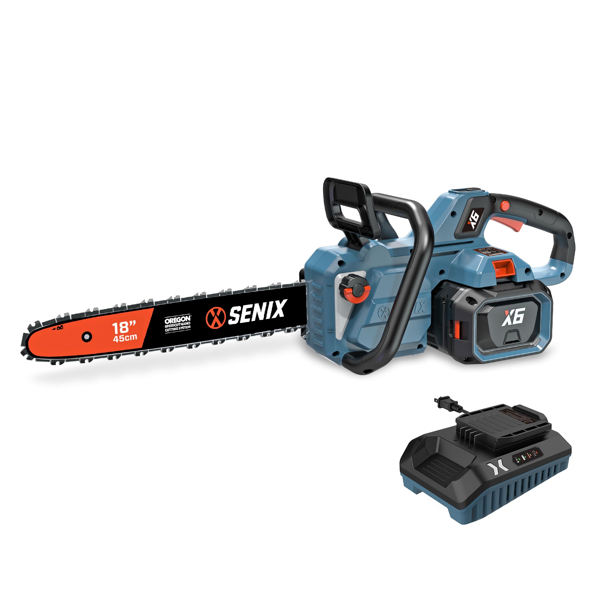 SENIX front view of 18" cordless chainsaw showing ergonomic grip and balance benefits
