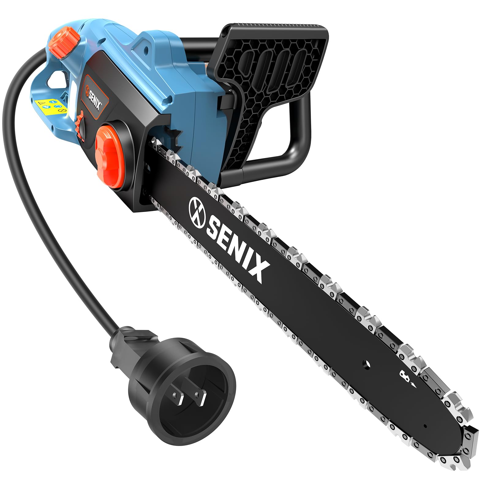 SENIX front view showing 18-inch bar and robust saw body for powerful cutting