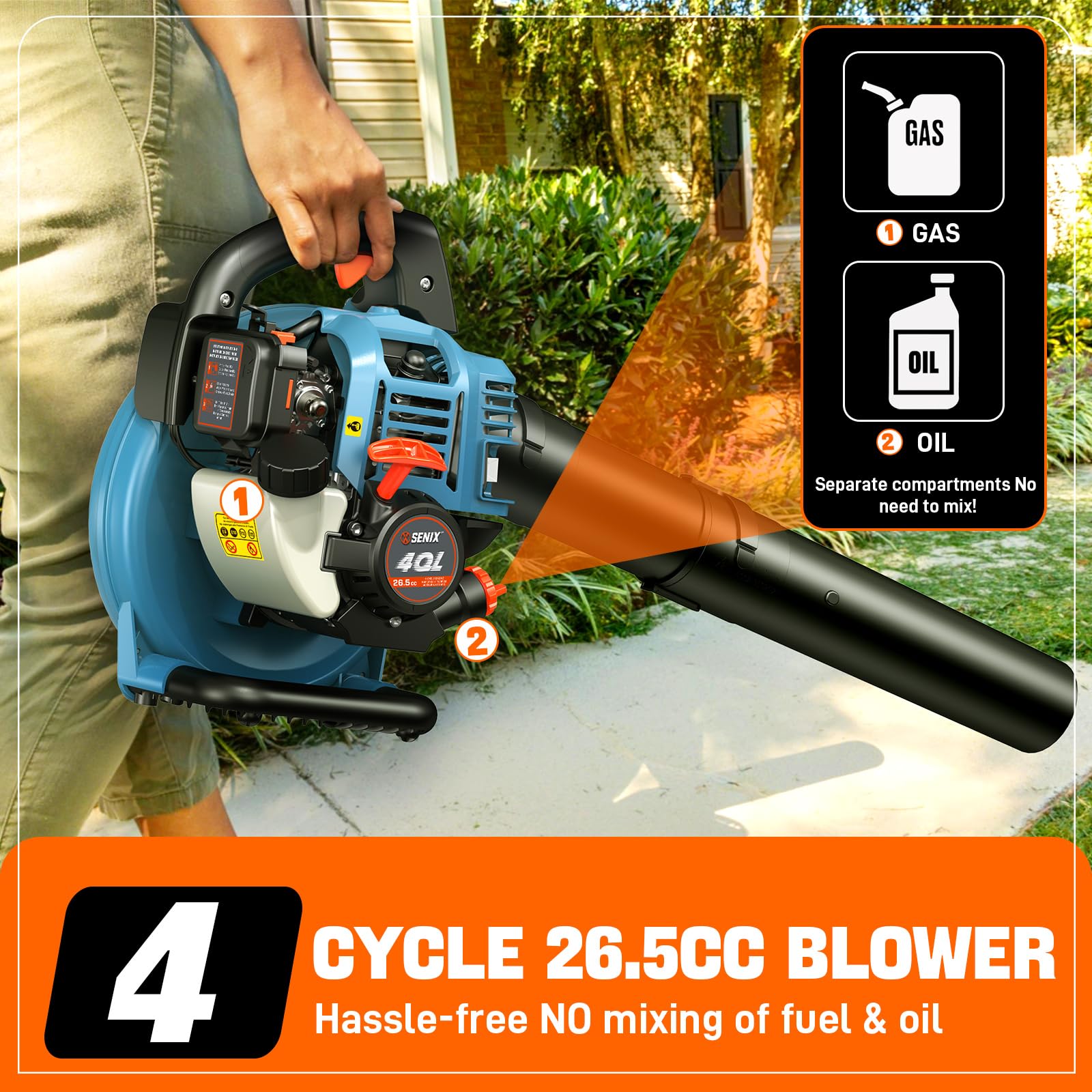 SENIX 4QL in use on lawn clearing leaves quickly for faster outdoor cleanup