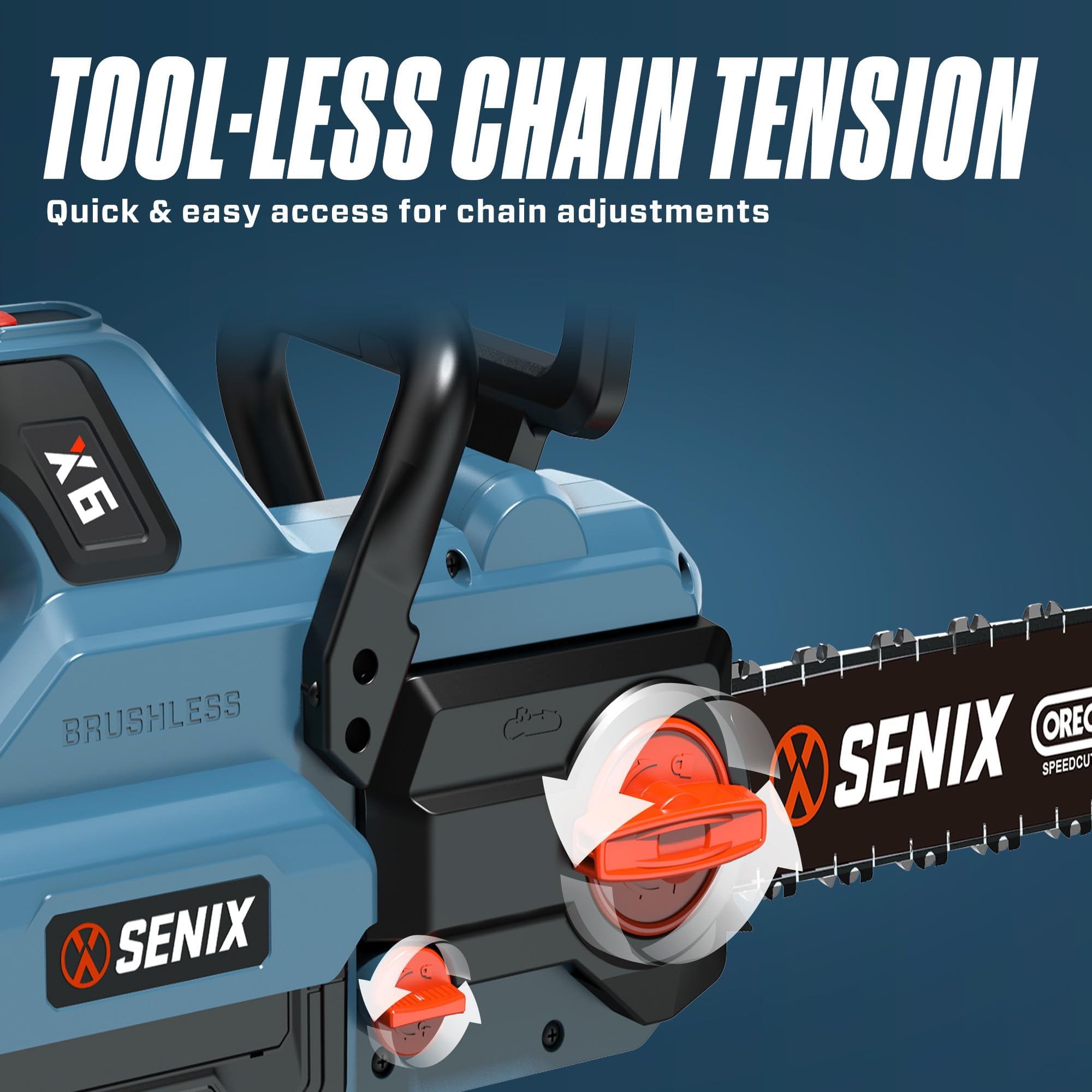SENIX Oregon 18" bar and chain detail showing durable cutting edge benefit
