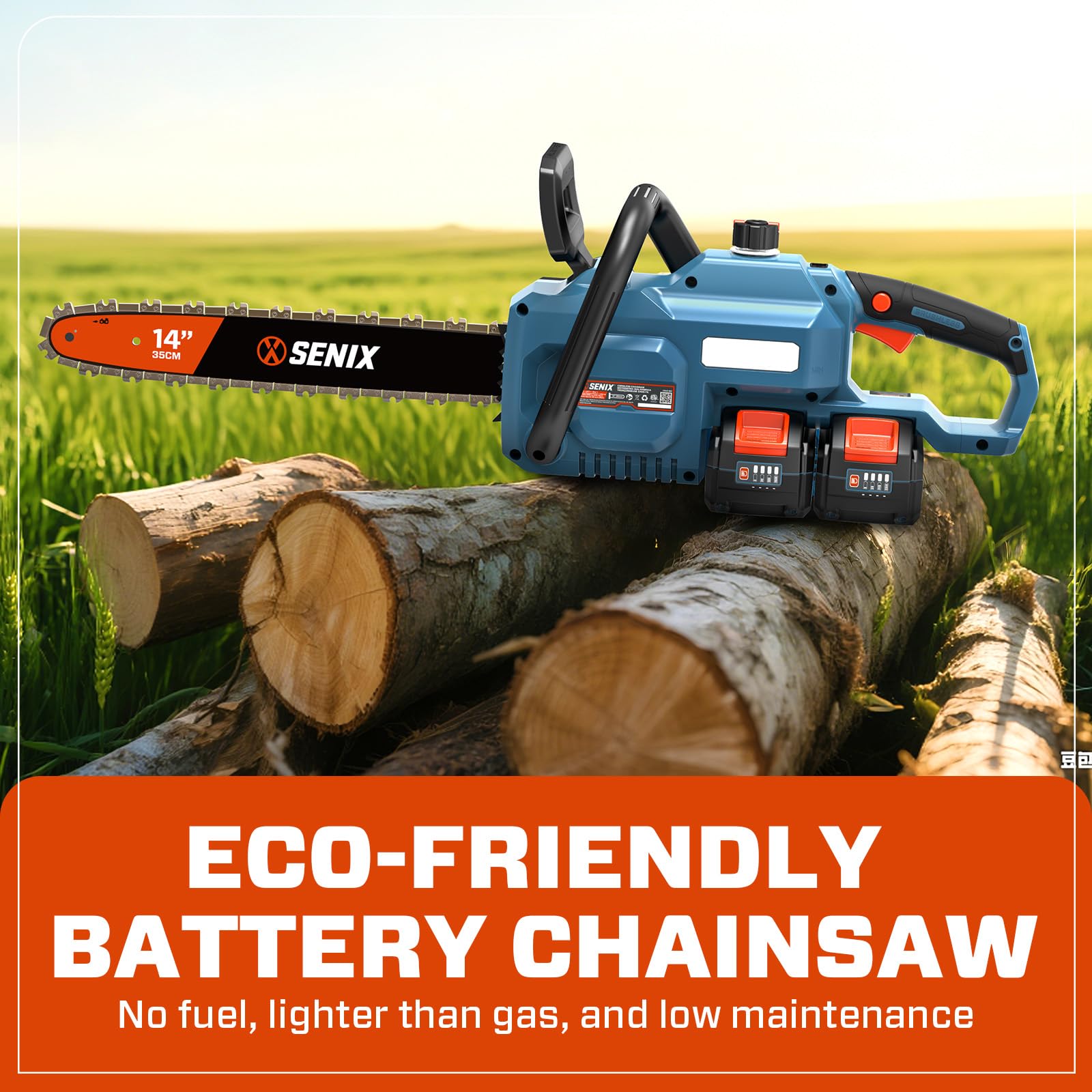 SENIX chain brake close-up emphasizing quick stopping safety benefit