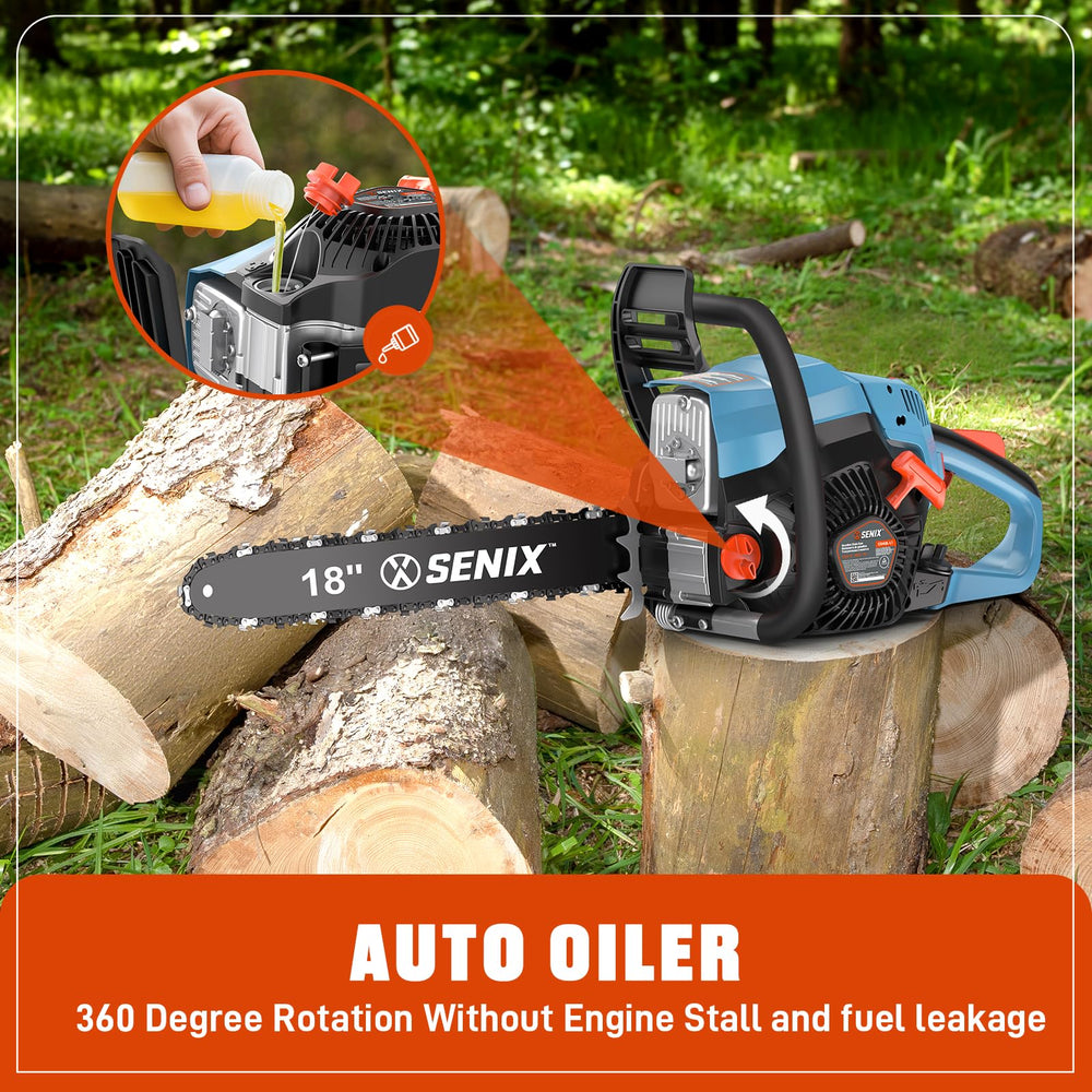 SENIX automatic oiler detail showing consistent chain lubrication for longer life
